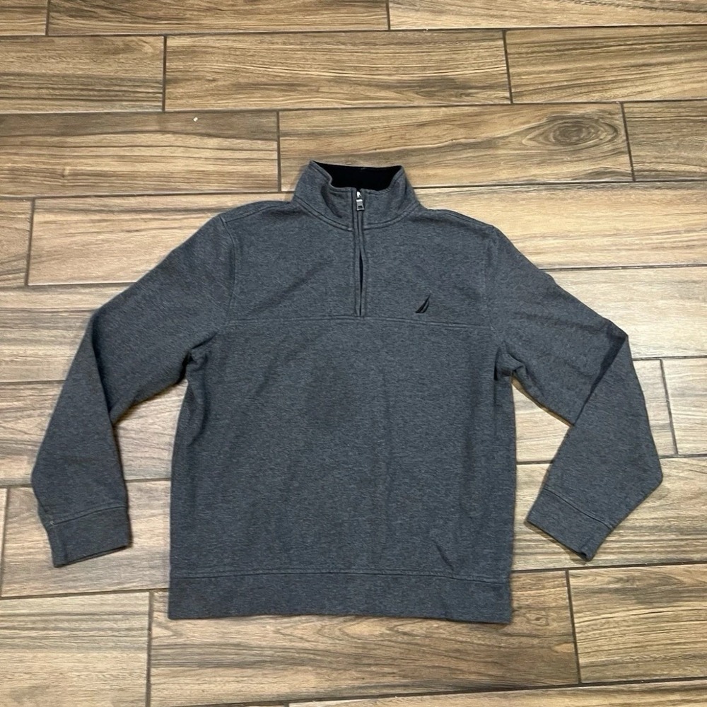 Nautica Quarter Zip Pullover Men Medium Gray Fleece Lined Sweatshirt